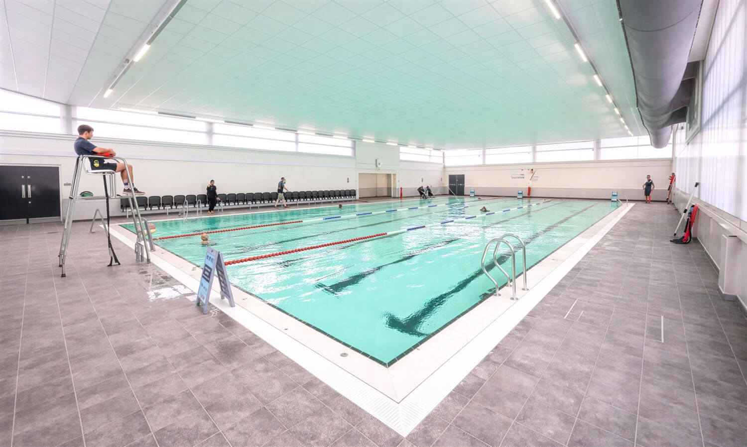 The 25m community pool in the new extension at Ripon, with ventilation ductwork running along the hall, MEP design by CAD21
