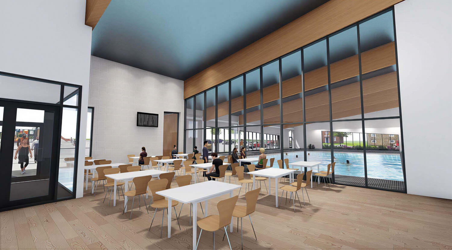 Design visualisation of the café and pool-view social space in the Ripon extension