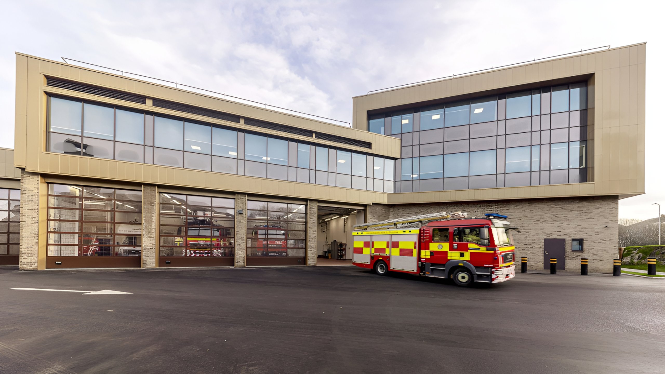 South park blue light hub external view with fire trucks during the day